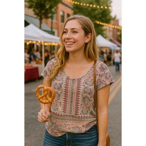 Lucky Brand Top L Pink Gray Paisley Floral Linen Viscose Blend Boho Casual Chic